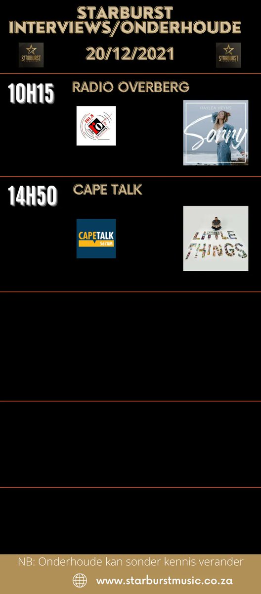 Tune in for these fine interviews for Monday, 20 Dec!
<a href="/hayleaheyns/">Haylea Heyns</a> <a href="/KyleSeptemberZA/">Kyle September</a> <a href="/RadioOverberg/">Radio Overberg</a> <a href="/CapeTalk/">CapeTalk on 567AM</a>
