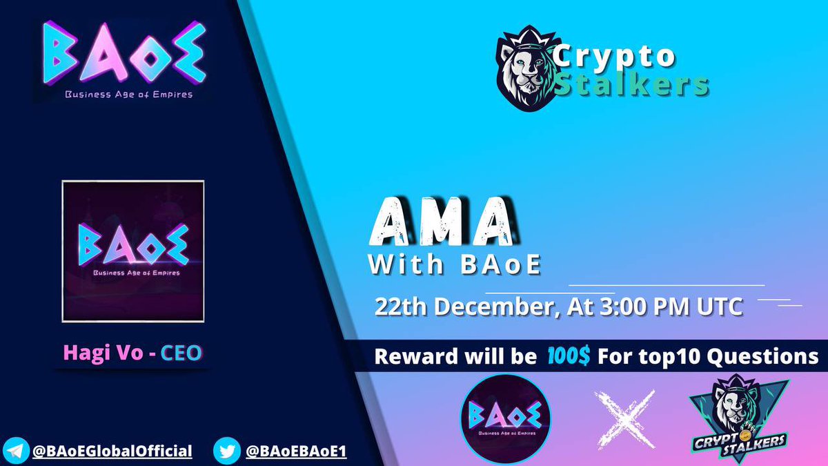 Zain_Onchain's tweet photo. 📢 We're thrilled to announce our next #AMA with @BAoEBAoE1 on 22nd Dec at 3:00 PM UTC

💰 Reward Pool: 100$
📍 Venue: https://t.co/4koyOUE3q5
〽️ Rules:
✅ Follow @StalkersCrypto &amp; @BAoEBAoE1 
✅ Like &amp; Retweet
✅ Comment Questions &amp; Tag 3 Friends with BEP20 address https://t.co/ikez2lgarQ
