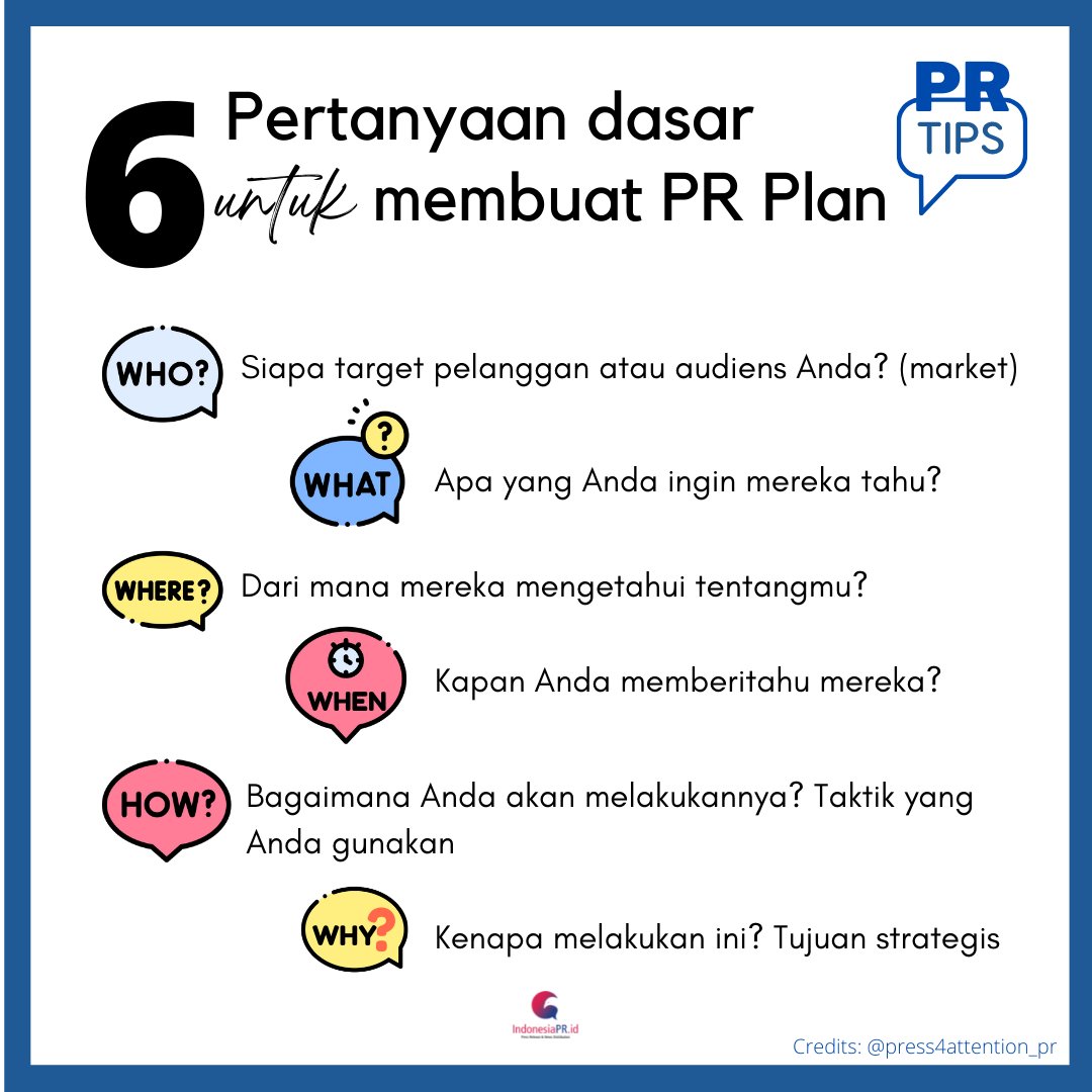 indonePRid's tweet photo. Perhatikan 6 pertanyaan dasar ini untuk hasil PR plan yang baik 

#IndonesiaPR  #MediaMonitoring #PressReleaseDistribution #PRAgency #ProPR #PRLife #PRTalk #PR101 #PRTips #PRTactic #PRStrategy #PRDaily  #Humas #Komunikasi #DigitalPR #SocialMedia  #KontenPR #PRtips https://t.co/oE7gb3kp8i