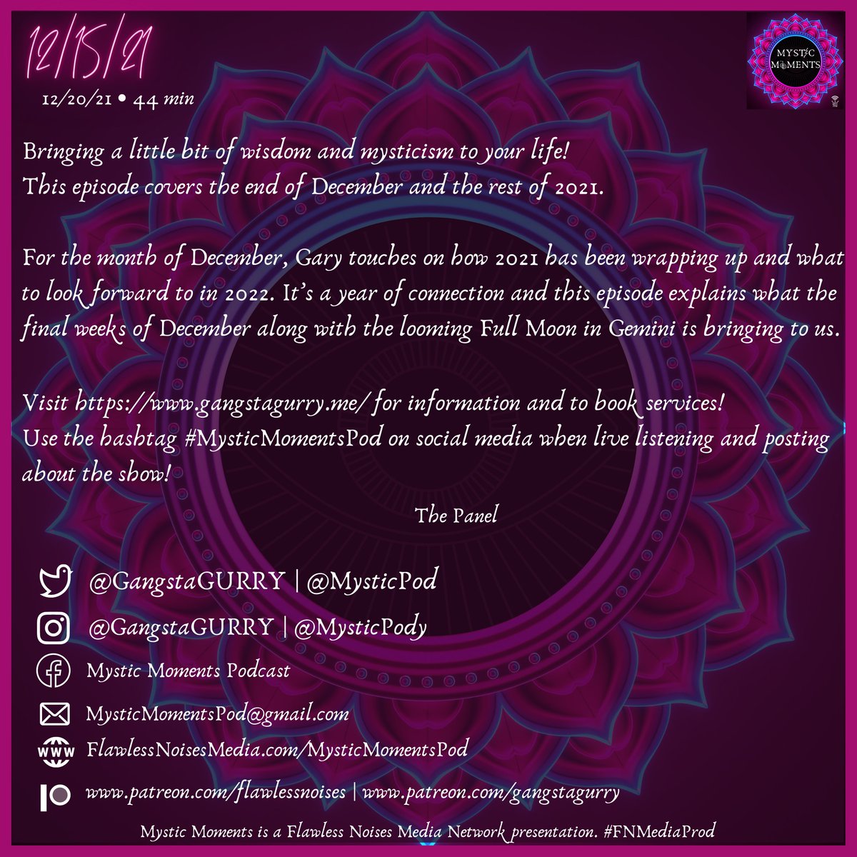 FlawlessNoises's tweet photo. 🔮NEW EPISODE🔮
Ep. 32: 12/15/21
Tune in as @gangstaGURRY wraps up the mysticism of 2021 that was 2021 and what's to come for 2022!
Apple
https://t.co/VNEWpqXSQU
Spotify
https://t.co/1g2OjxXVTG
Linktree
https://t.co/chIzO654BH
#FNMN #MysticPod https://t.co/YoiB2pmLjj