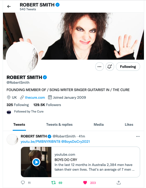 The musical genius (Fact. Widely cited &amp; peer-reviewed) even retweeted the video to his followers. Thank you for using your influence to create a healthier narrative for masculinity <a href="/RobertSmith/">ROBERT SMITH</a> ! 💪