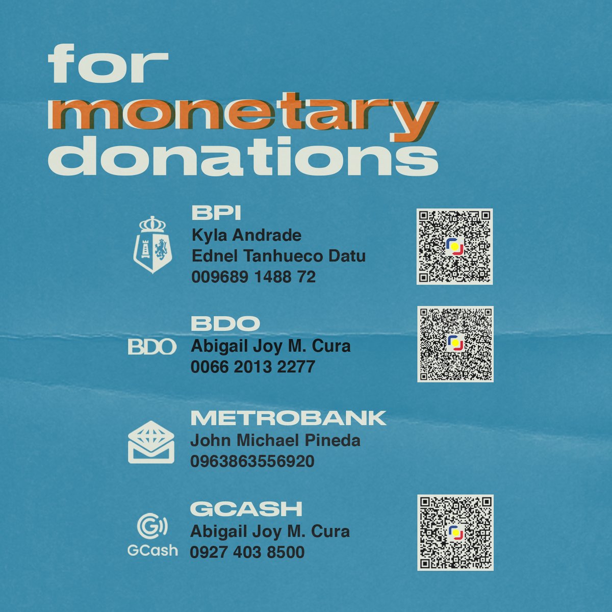 JPIAAHAU's tweet photo. 📢CALL FOR DONATIONS📢

A little help goes a long way. All donations are much appreciated. May your generosity and benevolence return to you a hundredfold! 

Please refer to the photos below to know how you can donate.

#JPIAAU
#QUERENCIA
#GettingLosttobeFound
#Odette
#ReliefPH https://t.co/mFvjFZU0Tb