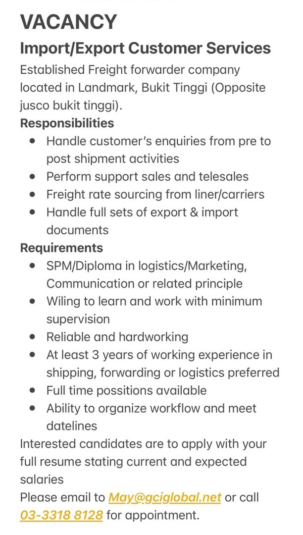 Hello jobseekers! I'm looking for candidate that has experience in Logistics field. Located in Bukit Tinggi, Klang.
@kerjakosong123 @twt_kerja @haikerja @infokerjaya @twt_penganggur @Oh_KerjaKosong @twt_kerjaKosong #kerjakosongklang