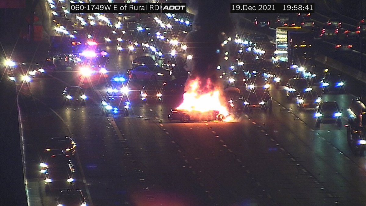 JUST IN: 3 hospitalized after crash, car bursts into flames on US 60 near McClintock Drive bit.ly/3EbnaL4 #abc15