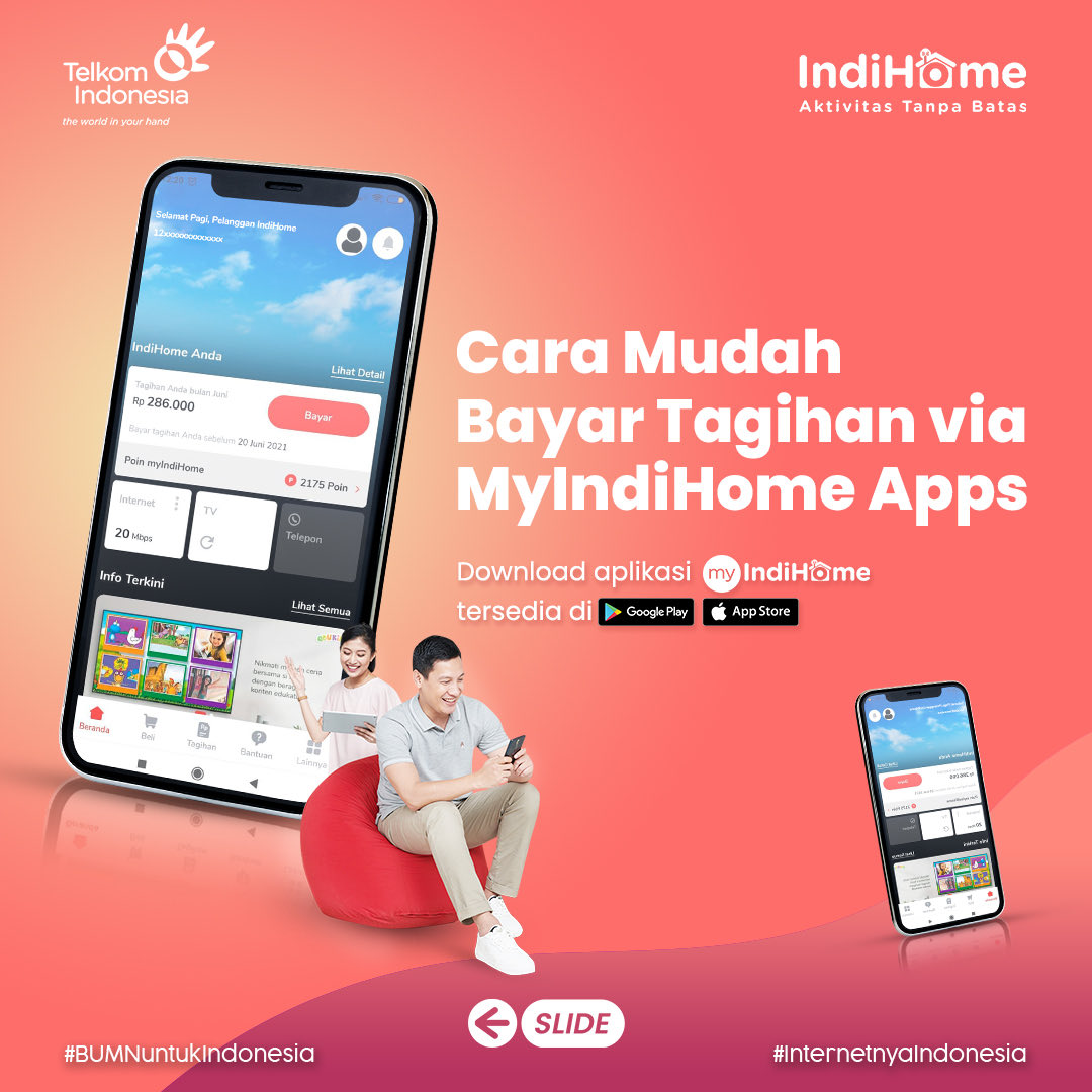 Hi Sob, 

Kini Bayar tagihan IndiHome jadi lebih praktis dengan pilihan metode pembayaran LinkAja, Saldo atau Kartu Kredit di myIndiHome. 
Selain itu, sobat jadi lebih mudah melihat rincian tagihan IndiHome setiap bulan. Yuk download sekarang!

#myIndiHome
#AktivitasTanpaBatas