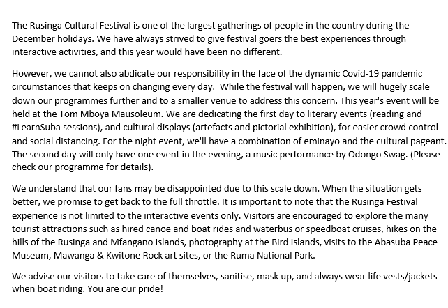 For the Public: Scaling down of #RusingaFest2021! 

#RusingaFestival
#RusingaFestAt10