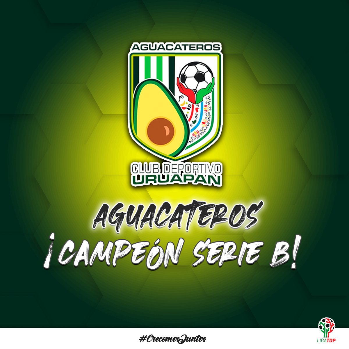La <a href="/LigaTDP/">Liga TDP</a>  felicita al <a href="/AguacaterosCDU/">Aguacateros Club Deportivo Uruapan</a>  por el campeonato de la Serie B de la <a href="/LigaPremier_FMF/">Liga Premier FMF</a>.

¡FELICIDADES! 🏆 🥑

#CrecemosJuntos