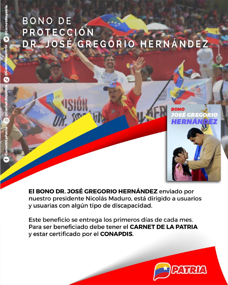 CarnetDLaPatria's tweet photo. #ENTÉRATE El #SistemaPatria informa que, el #BonoDrJoséGregorioHernández enviado por nuestro Pdte. @NicolasMaduro a través de la #PlataformaPatria, está dirigido a usuari@s con algún tipo de discapacidad. Beneficio entregado los primeros de cada mes.

#NoJueguesConLaCovid
#19Dic https://t.co/T7d61tkeon