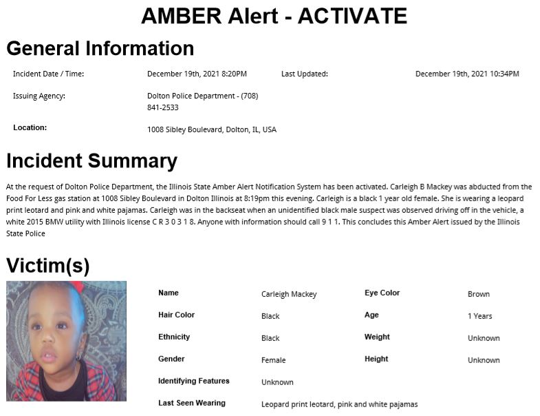 ISPAlerting's tweet image. An AMBER Alert has been issued on behalf of the Dolton Police Department.  If you see the vehicle listed please contact 911