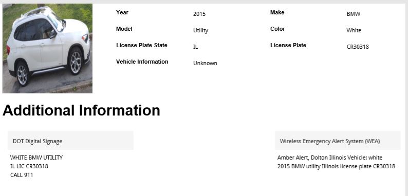 ISPAlerting's tweet image. An AMBER Alert has been issued on behalf of the Dolton Police Department.  If you see the vehicle listed please contact 911