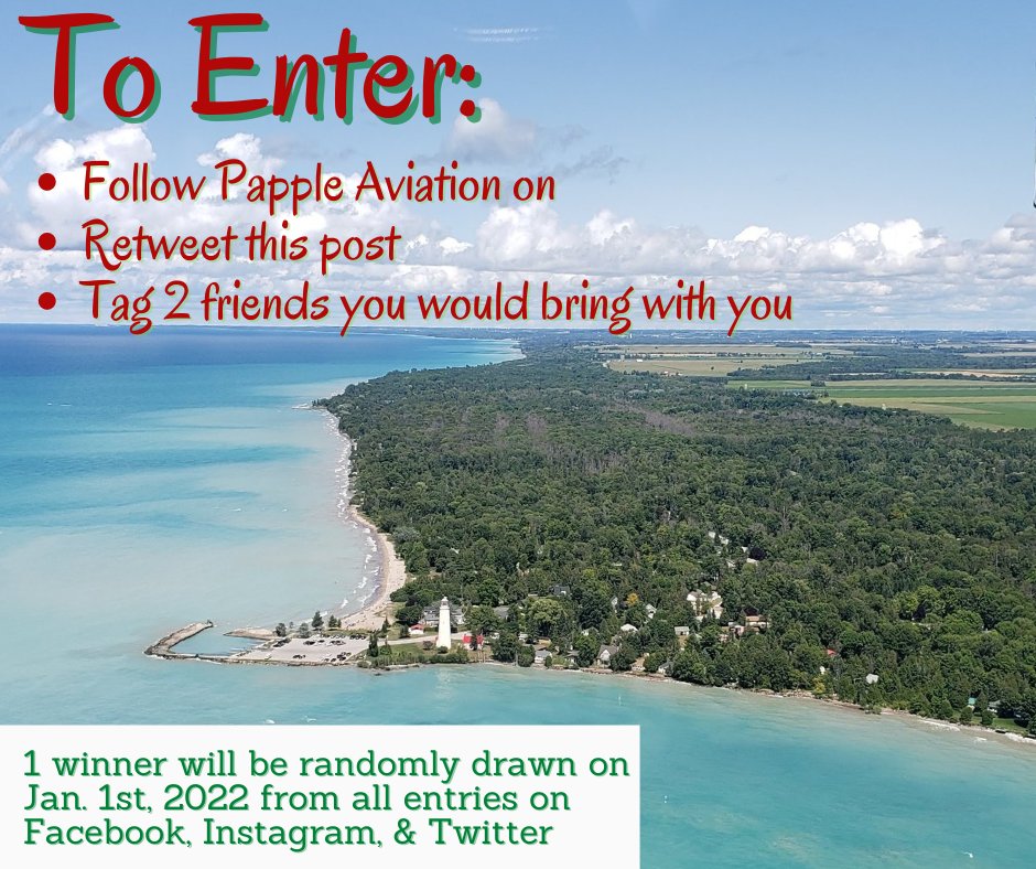 WIN a scenic flight Gift Certificate for a 25min. flight* for yourself and 2 friends!

To enter:
Follow Papple Aviation on Twitter
Retweet this post
Tag 2 friends who you would bring for your flight
Random draw on Jan. 1st, 2022

Looking for a gift for someone special...