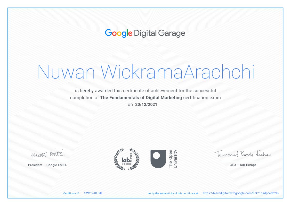 nuwandevsl's tweet photo. The Fundamentals Of Digital Marketing
By Google Digital Garage
Certificate ID: SWY 2JR S4F 
Certificate Verification: https://t.co/LVphz2QPhn

#digitalmarketing #digital #google #elearning #elearningdevelopment #cyberoctane https://t.co/iJwOqZLpNI