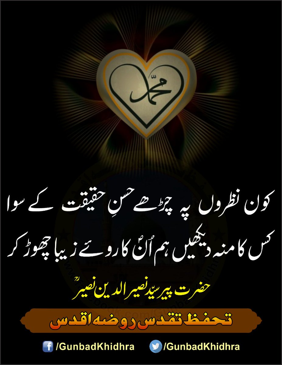 کون نظروں پہ چڑھے حسنِ حقیقت کے سوا
کس کا منہ دیکھیں ہم اُن کا روۓ زیبا چھوڑ کر

حضرت پیر سیّد نصیر الدین نصیرؒ