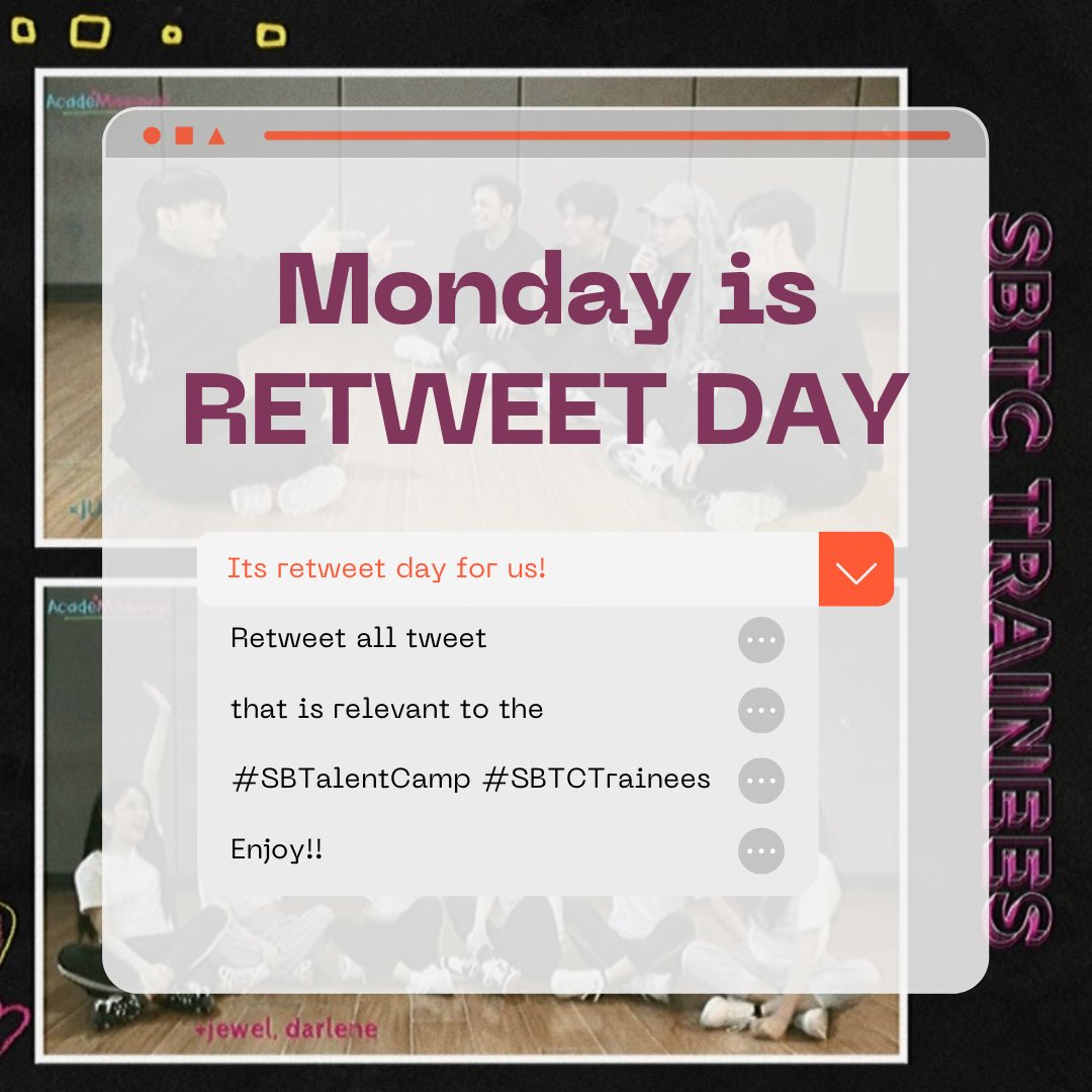 YGIGboost's tweet photo. Happy Monday Strays!
Did you all enjoy the #AcadeMissions yesterday??
You can still watch it here - https://t.co/YfU993JZqe
MONDAY CALLS FOR RETWEET DAY! Yoohooo!! Retweet all tweet that has #SBTalentCamp #SBTCTrainees tags!
Keep safe and Enjoy! β¨ https://t.co/j8bjB1B0RK