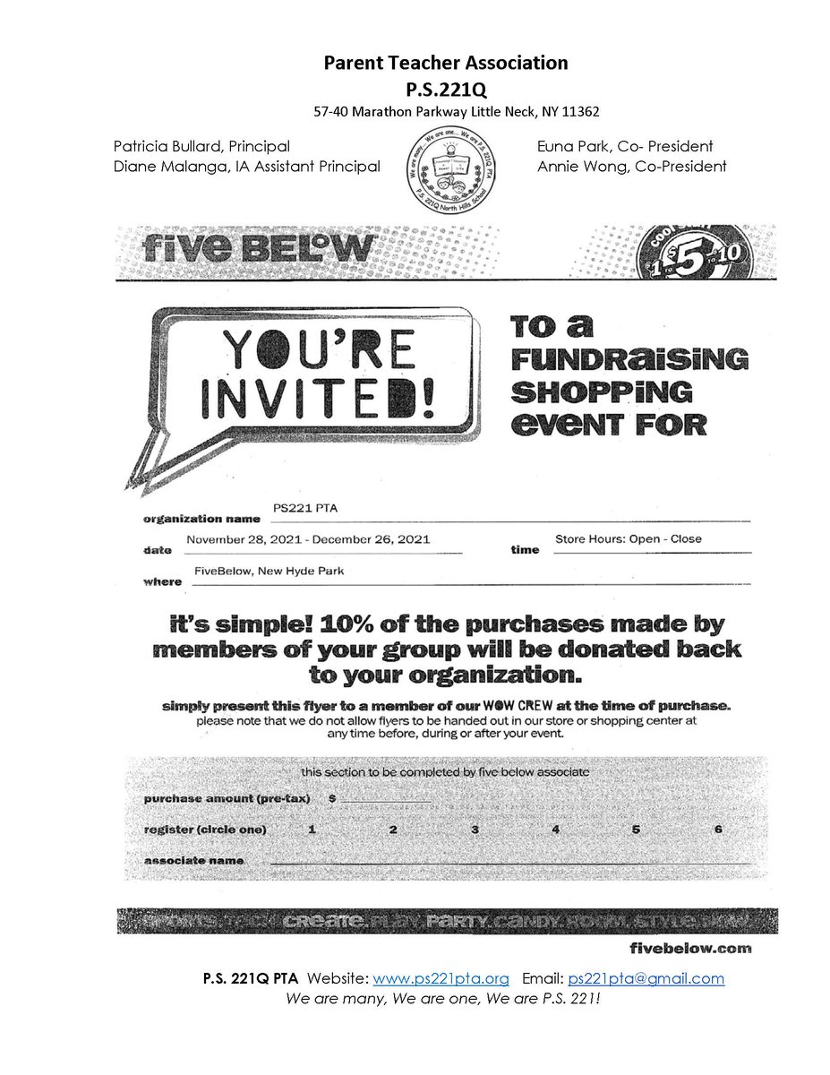 PS221PTA's tweet photo. The last day to help with PS 221 PTA Five-Below fundraising is December 26th.  So, go get your last minutes gifts, wrapping papers, and tapes. Also, don't forget to bring the below flyer to the participating New Hyde Park, Five Below store.  Happy Shopping, everyone! https://t.co/qEYWR0eKDg