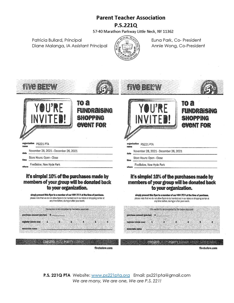 PS221PTA's tweet photo. The last day to help with PS 221 PTA Five-Below fundraising is December 26th.  So, go get your last minutes gifts, wrapping papers, and tapes. Also, don't forget to bring the below flyer to the participating New Hyde Park, Five Below store.  Happy Shopping, everyone! https://t.co/qEYWR0eKDg