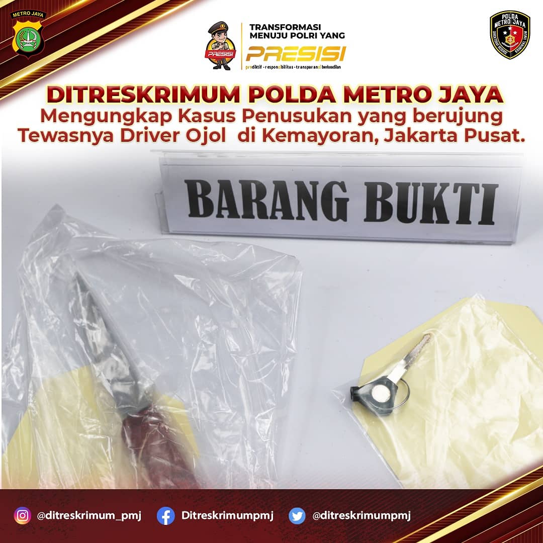 6_ranmor's tweet photo. Polda Metro Jaya berhasil mengungkap kasus penusukan yang berujung tewasnya driver ojol di Kemayoran, Jakarta Pusat. Pelaku berinisial FS telah berhasil ditangkap.
Penangkapan pelaku ini dilakukan oleh Subdit Tahbang / Resmob Polda Metro Jaya di bawah pimpinan AKBP Handik Zusen, https://t.co/LSfX4SJXSf
