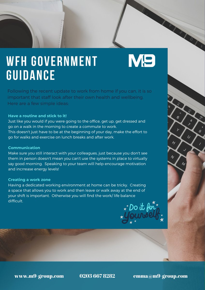 them9group's tweet photo. Following the recent guidance from the Government to work from home if you can, we would like to share some ideas to help focus on individuals health and wellbeing. #workfromhome #health #wellbeing #business #staff #technology https://t.co/D7ihMfC0qF