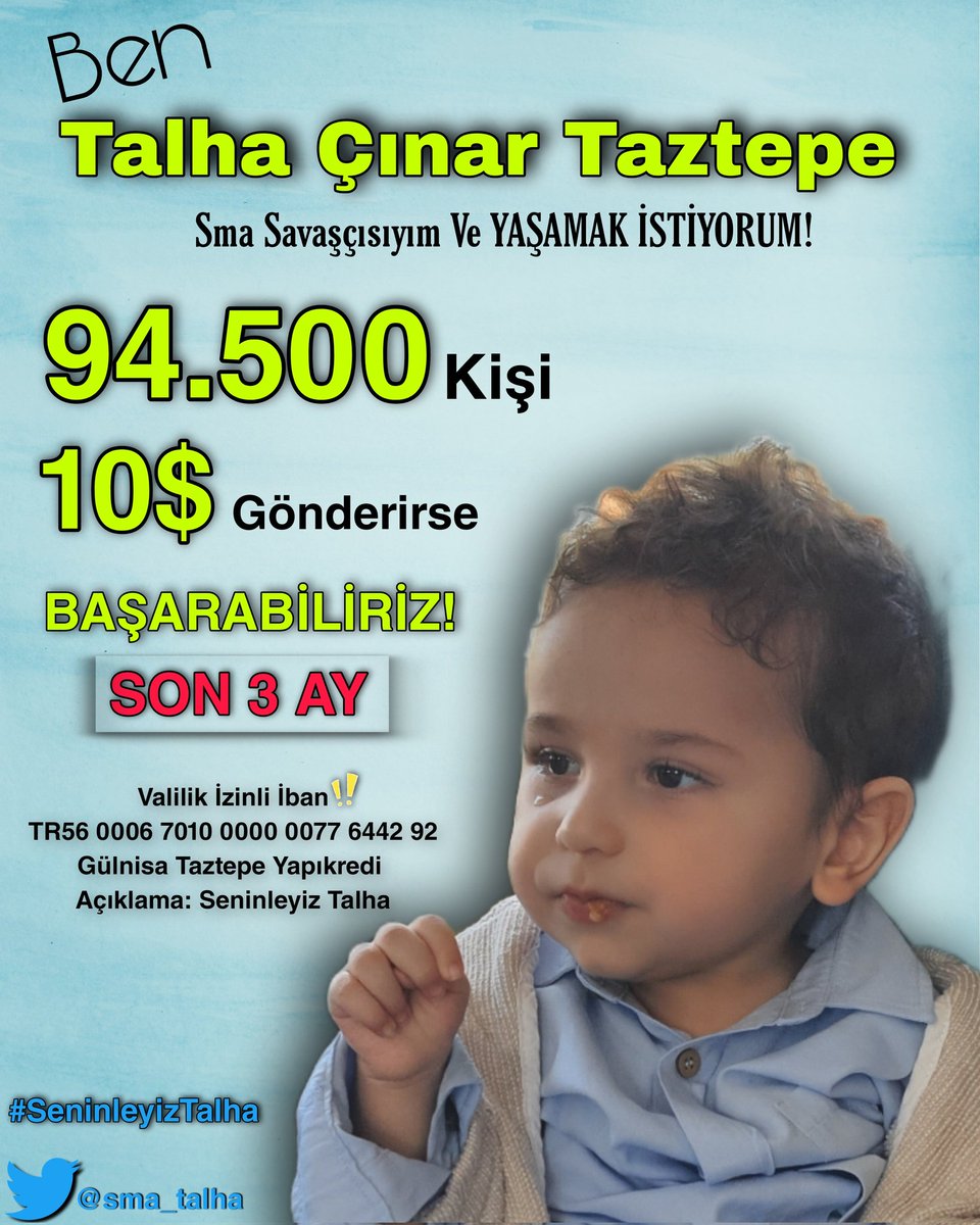 Dubai'den Alınan Teklif İçin Son 3 Ay 
Yalvarıyorum Size Çok İhtiyacımız Var. Zamanımız Daraldı Allah Rızası İçin Oğlum Yaşasın Diye Yalvarıyorum.Oğlumu YAŞATALIM Ne Olur Duyun, Duyurun! #SeninleyizTalha <a href="/sma_talha/">sma_talhanin_gonullu_ablasi</a> 
#hulisikentmen #dolar18 #MehmetAkifErsoy #euro20tl #habertürk