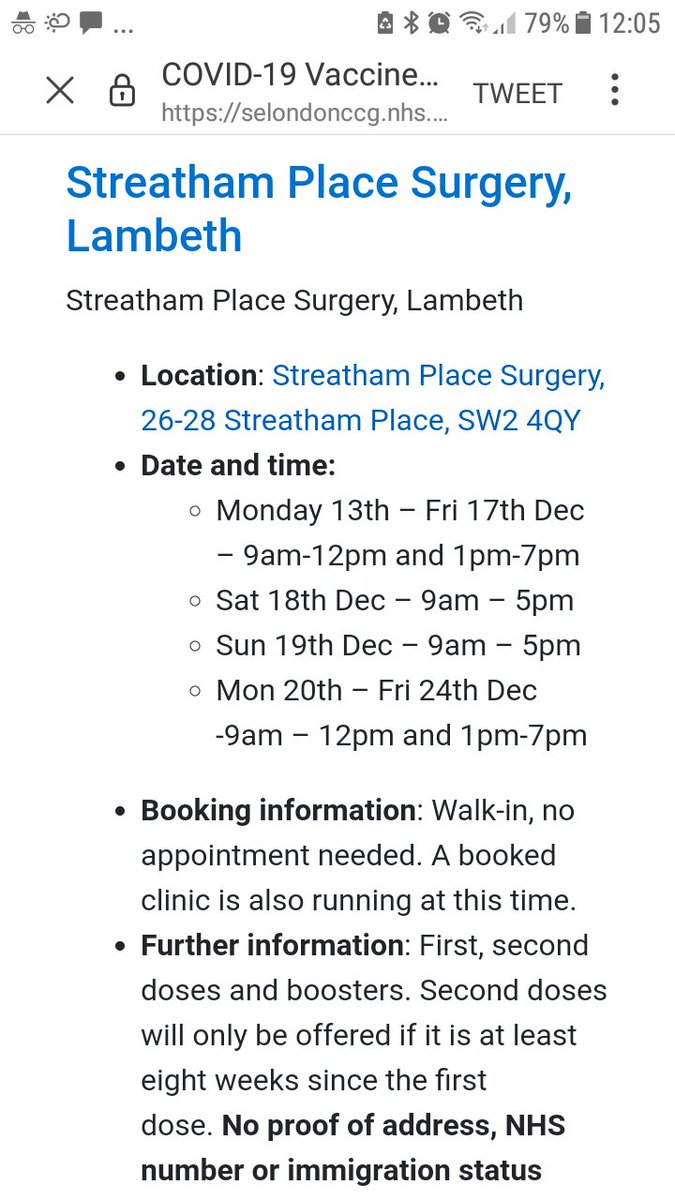 Opening times for walk in COVID jabs (booster or if you missed out earlier) at Streatham Place surgery this week.