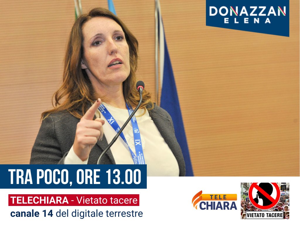 DonazzanElena's tweet photo. A partire dalle ore 13.00 sarò ospite della trasmissione Vietato tacere di @Telechiara (ch. 14 DTT): parleremo di lavoro, economia, pandemia e attualità. Seguitemi: potrete interagire scrivendo un messaggio al numero 335/7716200.

#VietatoTacere #TeleChiara https://t.co/EvZsXuXvVD