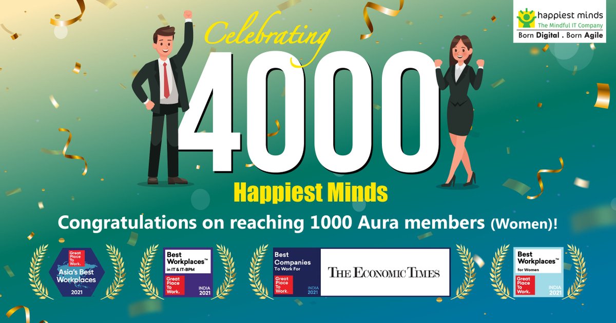HappiestMinds's tweet photo. We are delighted to announce that we are 4000+ strong Happiest Minds now. This includes more than 1000 women. 

#aura #grateful #HappiestMinds #Celebrating10years #fourthousand #onethousand #members https://t.co/jyxRhTTouy