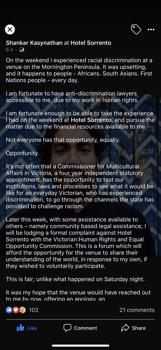 DivyaRinak's tweet photo. So in case you wanted to know how 2021 was going, the COMMISSIONER for the Victorian Multicultural Commission was refused entry into a venue called (no surprise) Hotel Sorrento. And they are unsurprisingly deleting comments and posts. THE COMMISSIONER https://t.co/O29KJlHgWQ