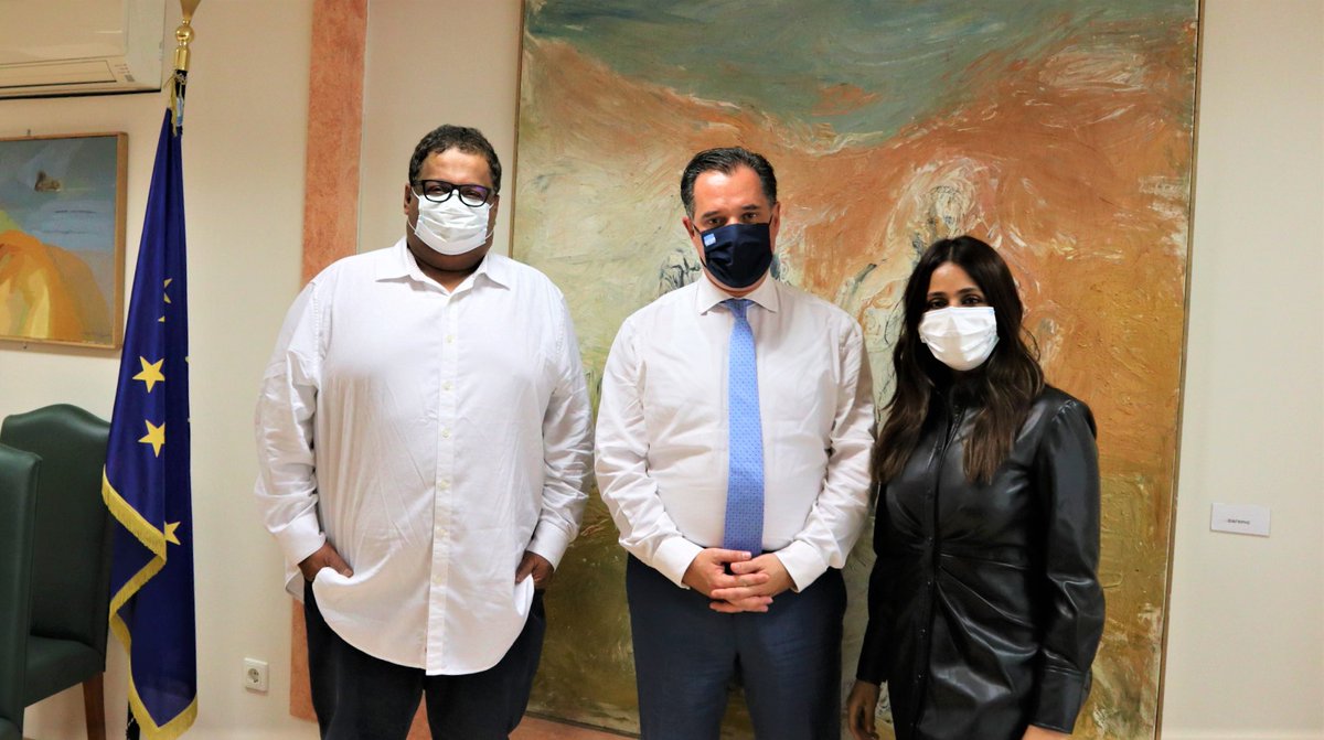 MinDevGR's tweet photo. O Υπουργός Ανάπτυξης και Επενδύσεων @AdonisGeorgiadi συναντήθηκε με την @TheParulYadav και τον @manukumaran . Στο επίκεντρο της συζήτησης οι επενδύσεις στην Ελλάδα και η δυνατότητα δημιουργίας στούντιο παραγωγής ταινιών https://t.co/Q7LuTKaNJI