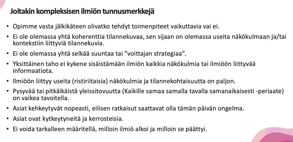 hemppah's tweet photo. Päättäjien, mutta myös kansalaisten olisi tärkeä ymmärtää minkälaisen ilmiön äärellä olemme koronaepidemian suhteen.

Ohessa tyypillisiä kompleksisen ilmiön ominaispiirteitä.

#johtaminen #politiikka #koronafi #covid19 #kompleksisuus #hätäjarru https://t.co/xGODLAA3jn