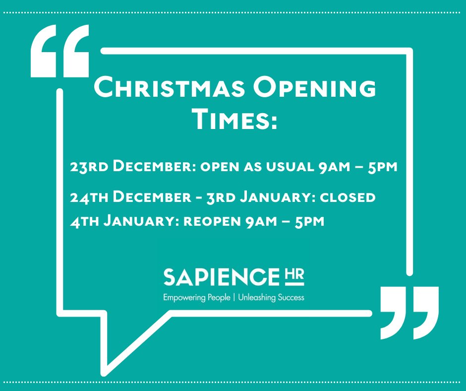 SapienceHR's tweet photo. We’ll be closing our office for a short time over the festive period. Get in touch with us by calling: 01736 339 384 or emailing us at: Hellothere@sapiencehr.co.uk
 
#HRPros #MerryChristmas2021 #Employees #HR #HonestHR #CompanyGrowth #CompanyPeople #TeamBuilding #TeamGrowth https://t.co/x2ENBtzxng