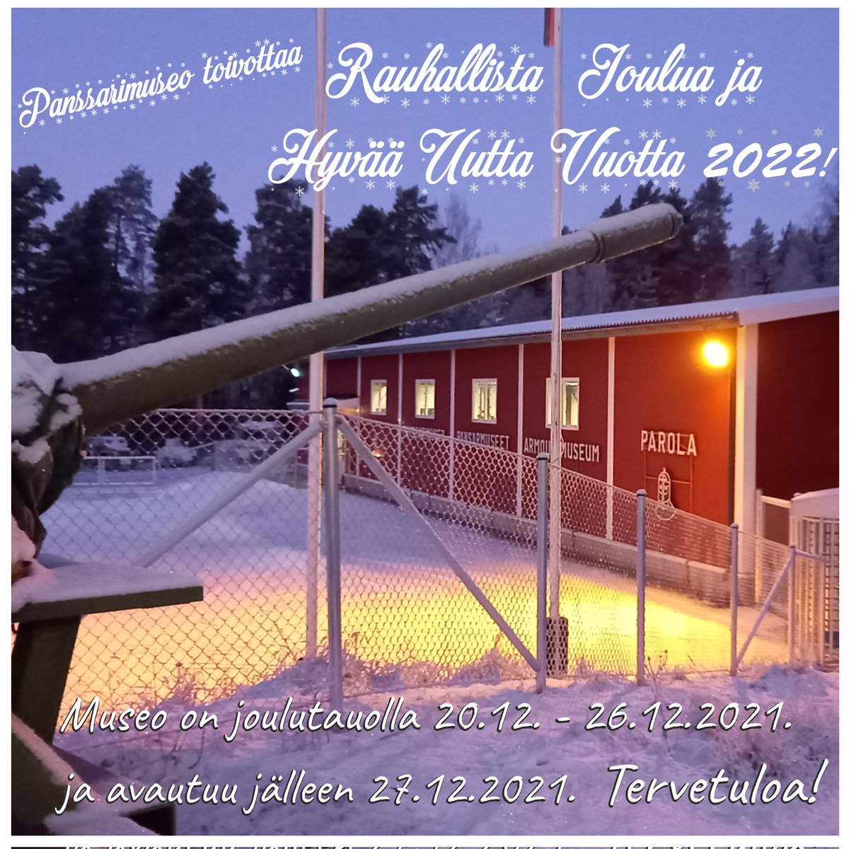 panssarimuseo's tweet photo. Panssarimuseo on joulutauolla tämän viikon 20.12.-26.12. 2021. Museo palvelee jälleen 27.12. Rauhallista ja mukavaa Joulunaikaa kaikille.
#panssarimuseo #joulu2021 #parola #hattula #visithattula #visithame https://t.co/268uTo0xIT