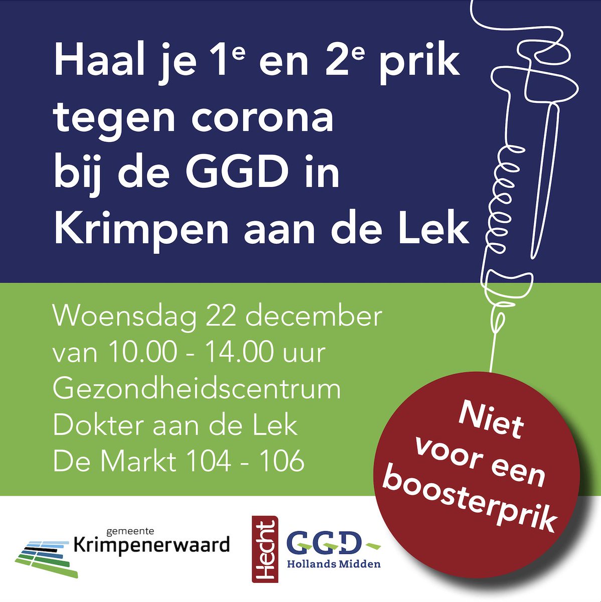 Komende woensdag 22 december organiseert de GGD een prikdag in Krimpen aan de Lek van 10:00 - 14:00 uur 💉 Maak een afspraak door te bellen naar 0180-58 65 86 ☎️ (Let op: het gaat alleen om de 1e en 2e prik).