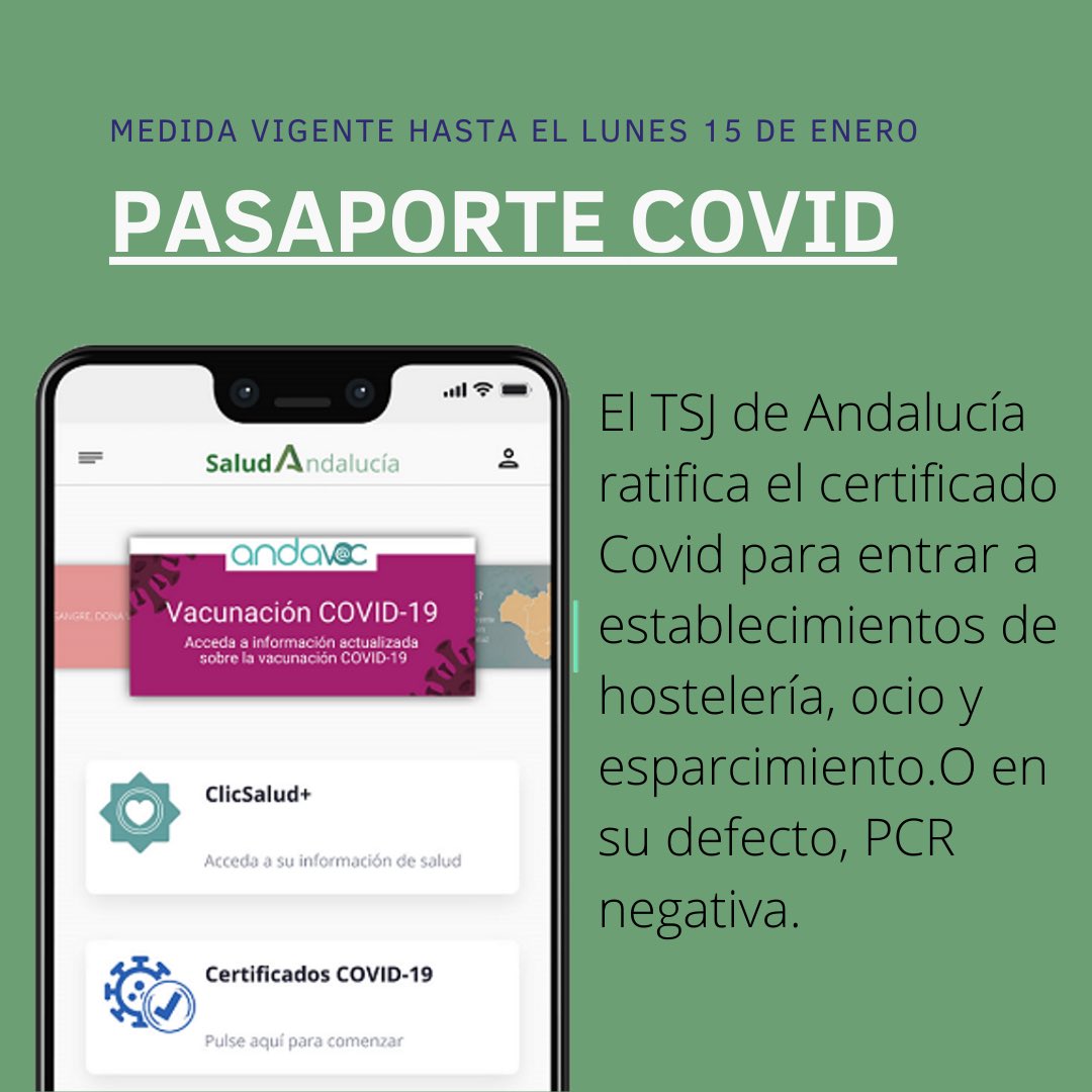🔔El Tribunal Superior de Justicia de Andalucía corrobora la medida en la que exige a los ciudadanos andaluces enseñar el certificado de vacunación, al asistir a lugares de ocio, hostelería y esparcimiento. 

¿Y tú? ¿Lo tienes ya? ☑️

#covid_19 #enriquevarelaabogados⚖️