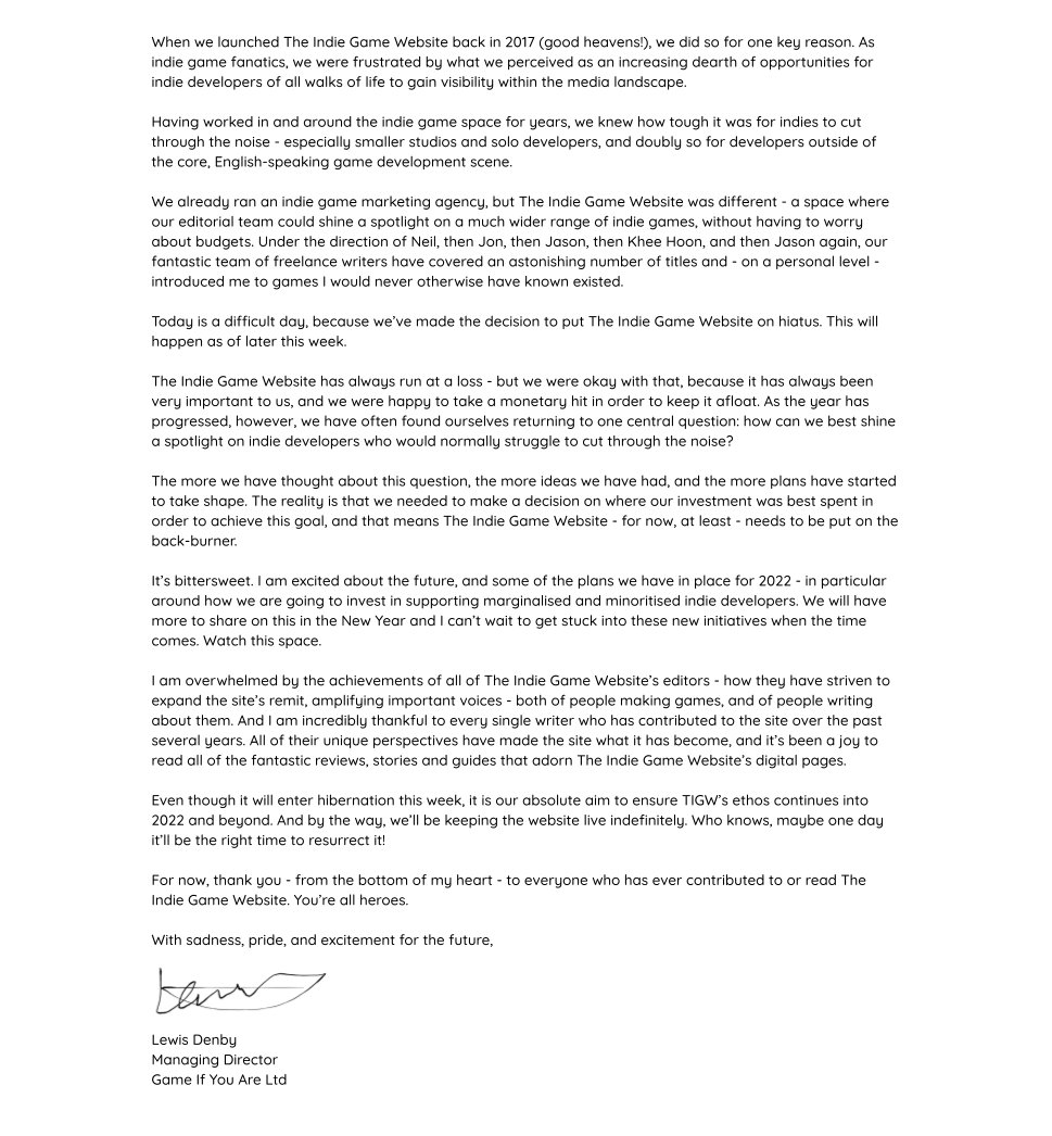 We're sorry to say that The Indie Game Website will go on hiatus after this week. Full statement from GIYA director Lewis below.