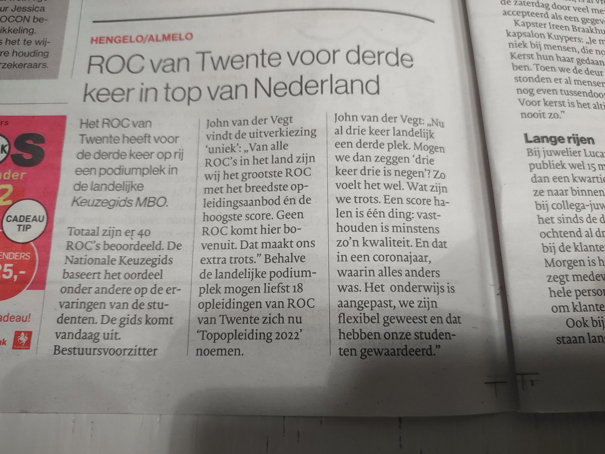 Het zal de coronakater niet verdringen maar wel een mooie 🏅voor <a href="/rocvantwente/">ROC van Twente</a> in <a href="/tubantia/">Tubantia</a>. Dank studenten en collega's.