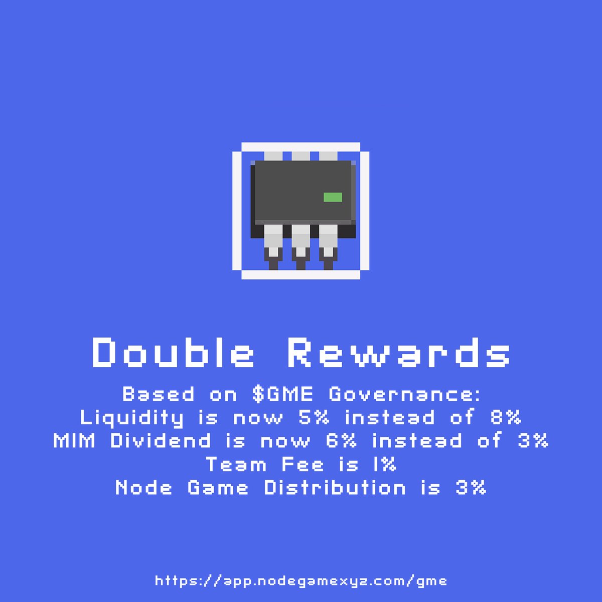 NodeGameAVAX's tweet image. Double Rewards for $GME are now LIVE!

$MIM Reflections increased from 3% to 6%.
Liquidity Tax reduced from 8% to 5%.

Enjoy more rewards. Remember to vote on future initiatives - snapshot.org/#/nodegame.eth

app.nodegamexyz.com