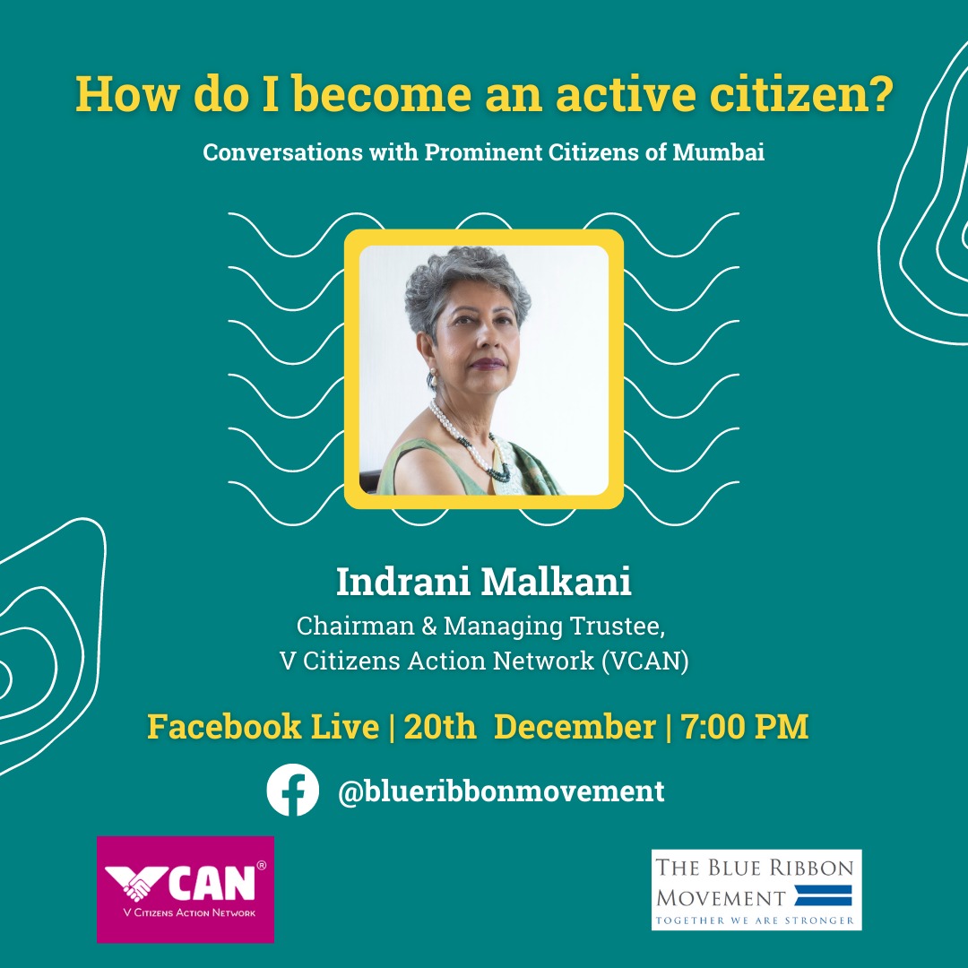 Together_VCAN's tweet photo. Catch VCAN's Chairman and Managing Trustee, Mrs. Indrani Malkani in a conversation on how citizens can actively participate in addressing issues of public concern! Today, 20th December at 7:00 PM here, https://t.co/xiL2bO2qmL
#TogetherVCAN #BlueRibbonMovement #ActiveCitizen https://t.co/40Jdh4jyP1