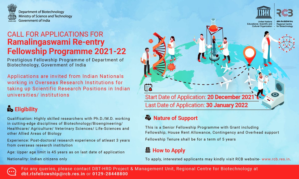 DBT and RCB invites applications from Indian Nationals working in Overseas Research Institutions under Ramalingaswami Re-entry Fellowship 2021-22. In order to apply, please visit - 
https://www.rlsfellowship
dbtindia.gov.in