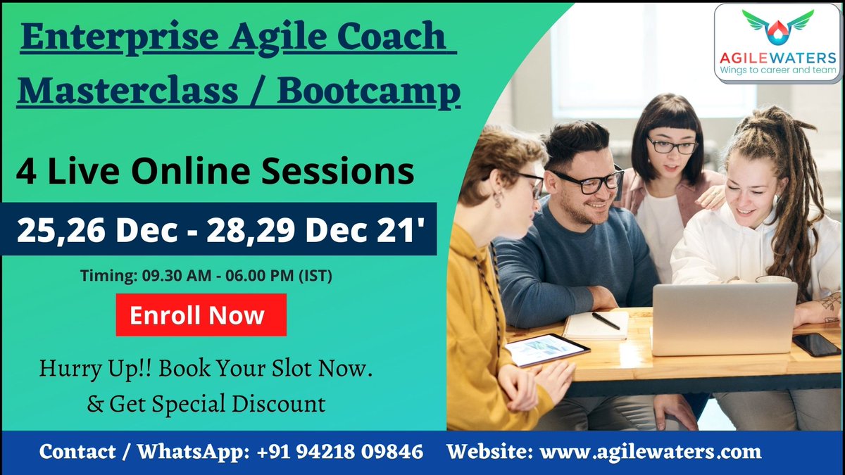 AgilewatersCo's tweet photo. Hurry Up!! Enroll Now.
Be an Enterprise Agile Coach.
Join us for our Enterprise Agile Coach Master Class / Bootcamp (ICP-CAT &amp; ICP-ENT) Virtual Batch from 25,26 Dec -28,29 Dec 21'.

For Registration:
https://t.co/ZUCAOXkKGf
 Contact / WhatsApp: +91 9421809846

#agile #agilecoach https://t.co/CAC5WJmvYi