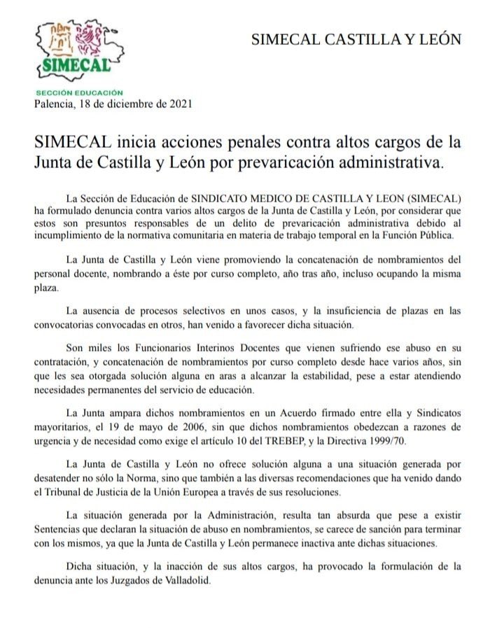 📢Para los que crean que l@s temporales en abuso vamos de farol:

💥SIMECAL anuncia acciones penales contra altos cargos de la Junta de Castilla y León por PREVARICACIÓN

📢Con nuestro pan no se juega #FijezaYa 
<a href="/PPMalaga/">PP Málaga</a> <a href="/PSOEdipmlg/">PSOE Diputación de Málaga</a> <a href="/Adelante_MLG/">Adelante Málaga Provincia</a> <a href="/CarlosGarciaGim/">Carlos Garcia Gimenez</a> <a href="/diputacionMLG/">Diputación de Málaga</a>