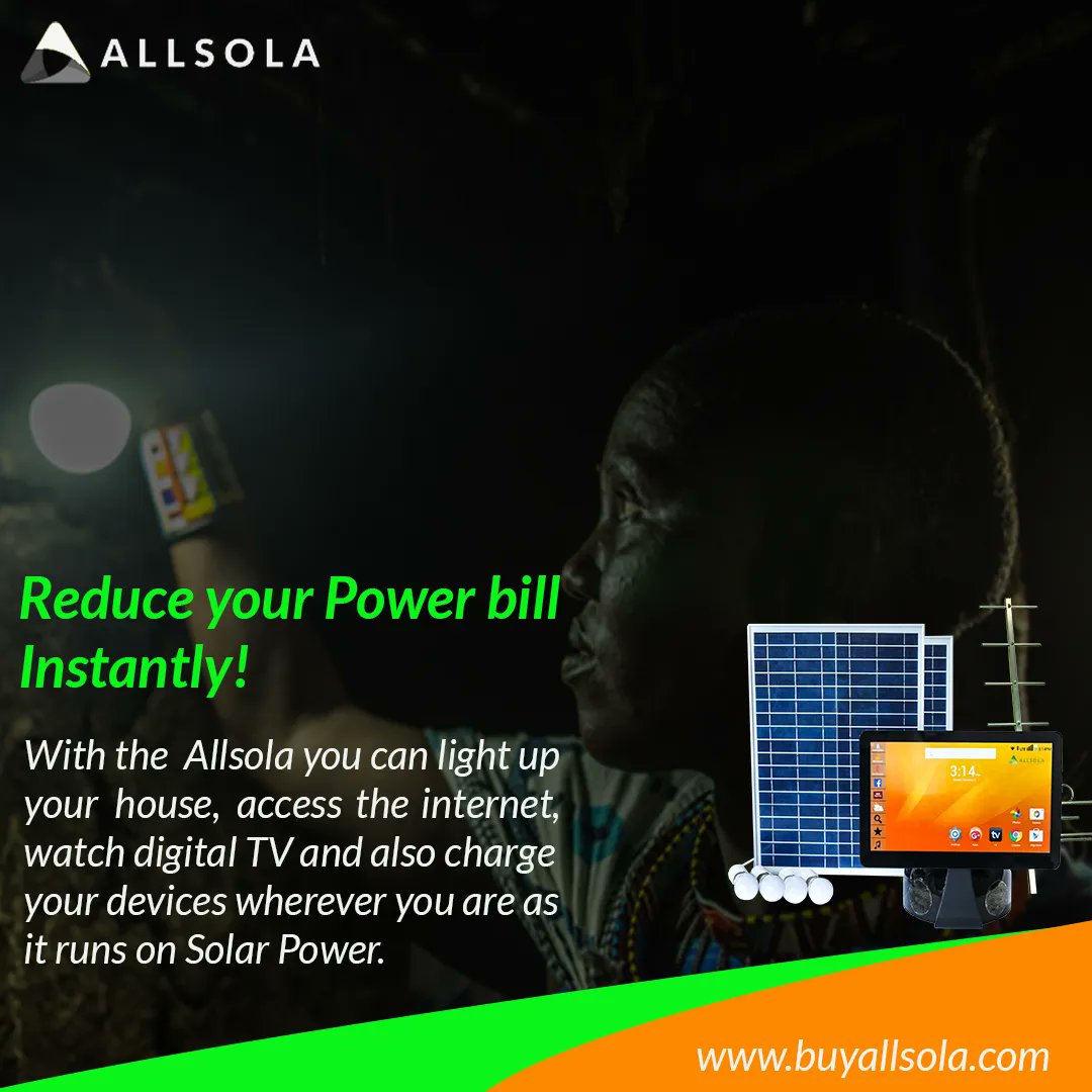 AllSola_22's tweet photo. You can significantly reduce your high power bills by using the Allsola which runs on Solar Power for up to 72 hrs. The Allsola can be used to light your homes, charge your devices, access the internet and also watch digital TV channels.
#solarpower #technology #renewableenergy https://t.co/CFFhNGNrDw