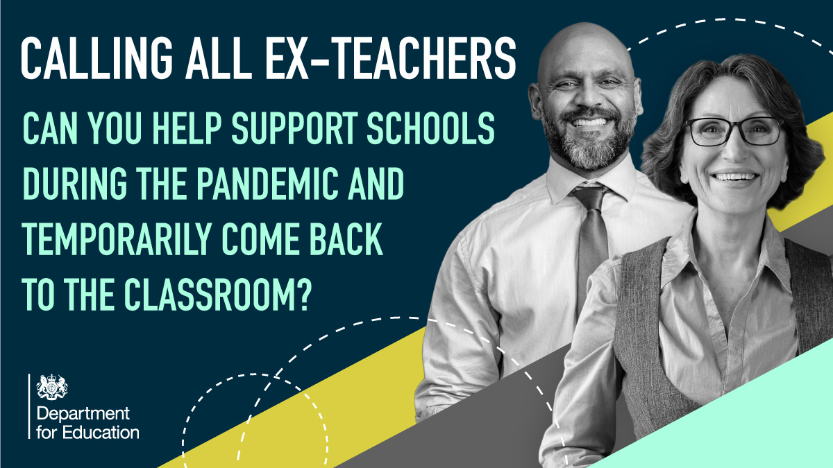 educationgovuk's tweet photo. We're asking former teachers to temporarily return to the classroom so children can continue to benefit from face-to-face education during the pandemic.

It could be for as little as a day a week next term.

You can find out how to sign up here: https://t.co/tfEKXwSNIJ https://t.co/tqqD8gqzXe