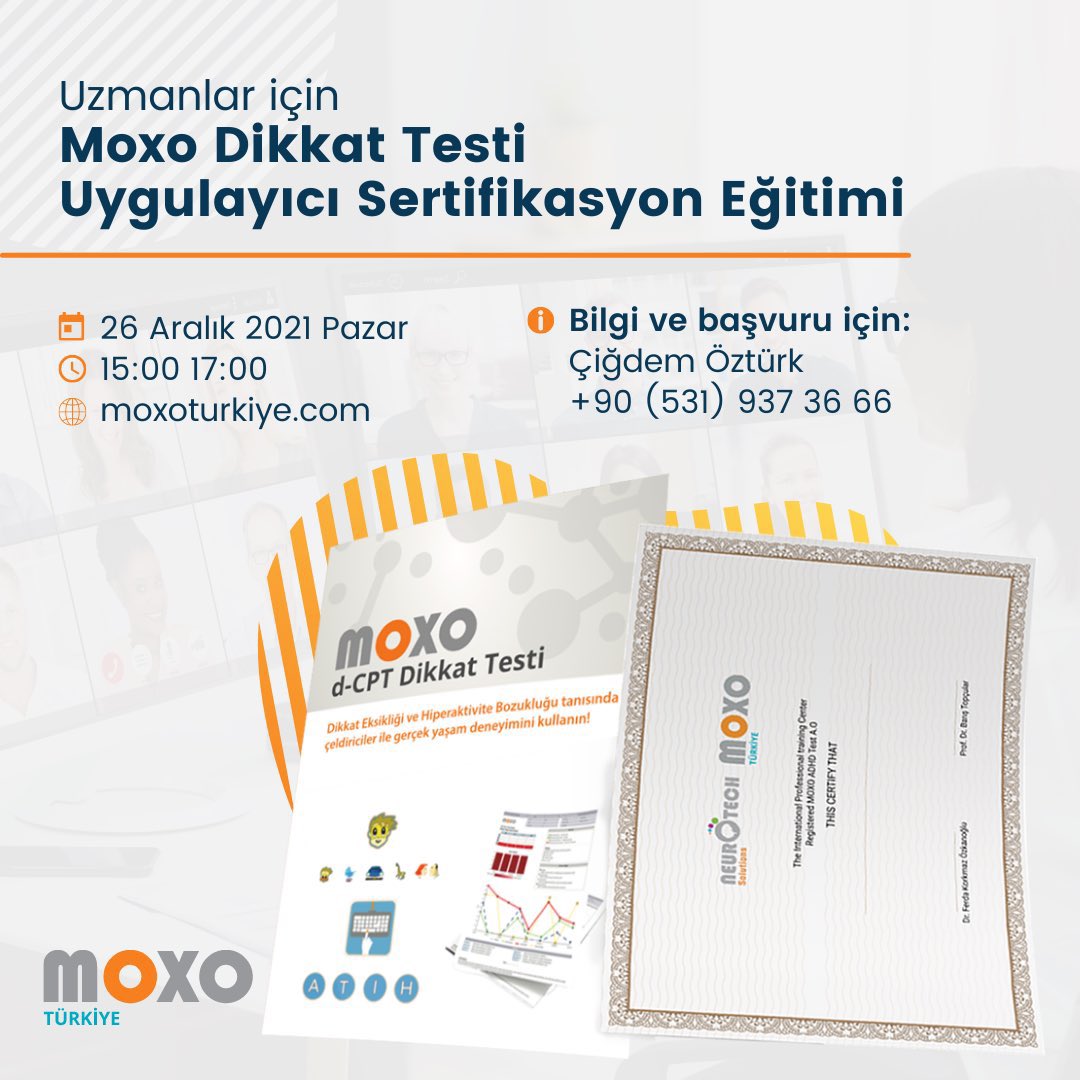 Moxo Dikkat Testi Uygulayıcı Sertifikasyon Eğitimi 26 Aralık Pazar günü 15.00’de zoom konferans uygulamasından gerçekleştirilecektir. 

moxoturkiye.com/uygulayici-ser…