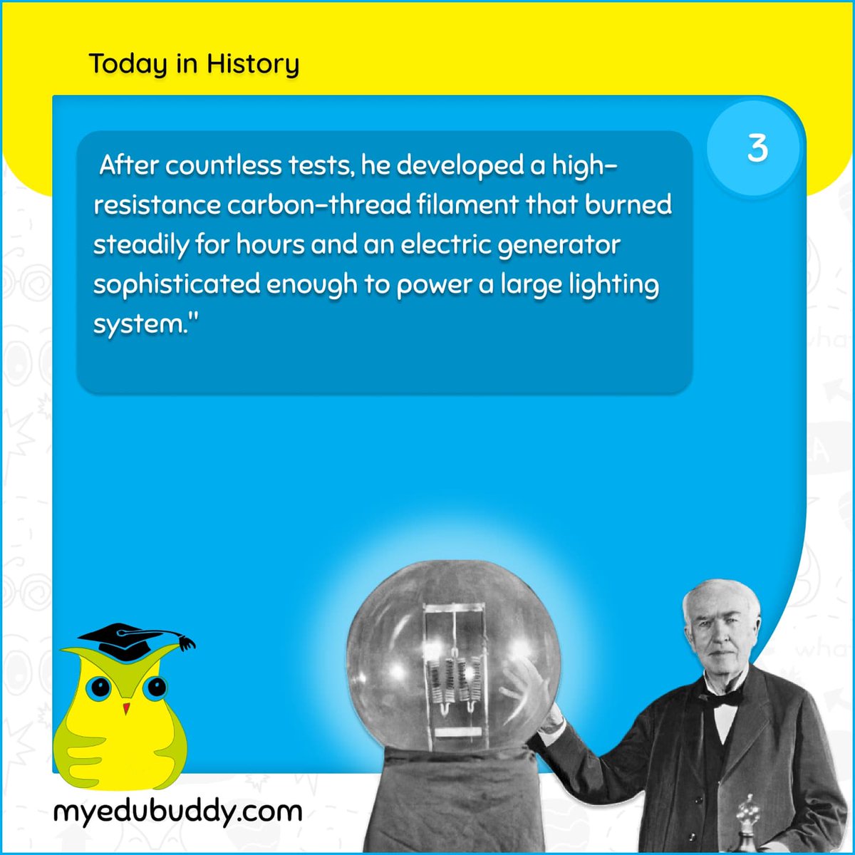In the first public demonstration of his incandescent lightbulb, American inventor Thomas Alva Edison lights up a street in Menlo Park, New Jersey

#myedubuddy #todayinhistory #newpost #thomasedison #americaninventor #incandescentlightbulb