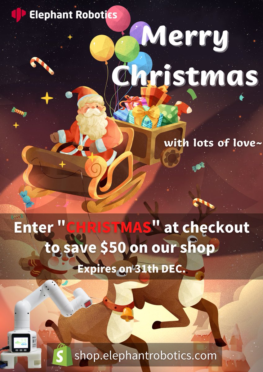 CobotMy's tweet photo. Merry Christmas! ✨🌟Enter "CHRISTMAS" at checkout and you will get $50 off without minimum purchase amount requirements.🎄🥰👉https://t.co/dB7X5KjJ5f #Merry_Christmas #christmas_gifts #mycobot #Christmas_deal #Elephant_Robotics #Christmas_eve #Robot_Arm https://t.co/kWaLTthchk
