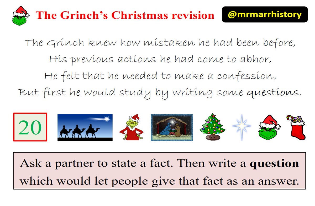 DAY 20

The Grinch knew how mistaken he had been before,
His previous actions he had come to abhor,
He felt that he needed to make a confession,
But first he would study by writing some questions.

#grinchchristmasrevision
#revision
#exams
