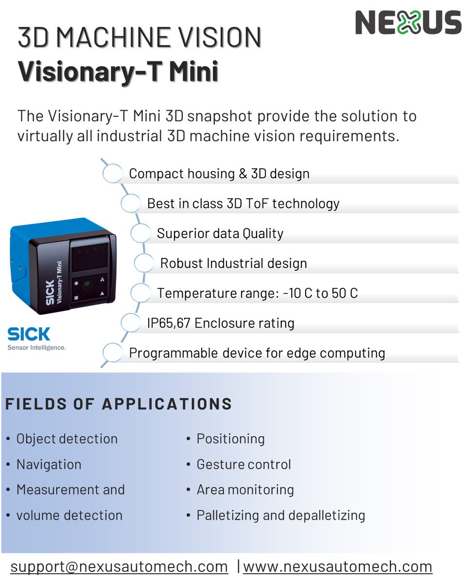 Nexus_Automech's tweet photo. #nexusproduct
3D Machine Vision Solution sick make Visionary-T Mini.
Cost-efficient solution in a compact design for a multitude of applications.
#nexusautomech #visioninspection #sicksensor https://t.co/jFW5dln8Lp