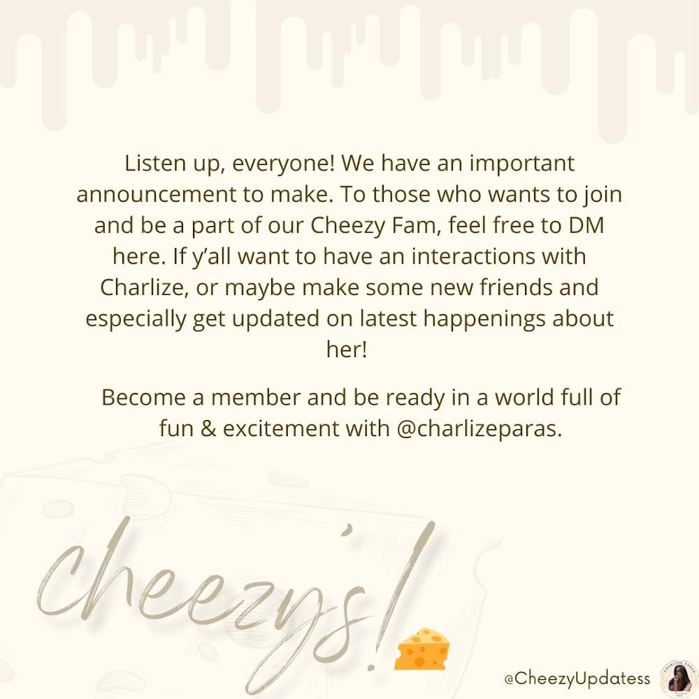 CheezyUpdatess's tweet photo. ‼️‼️Announcement Cheezy’s 🧀

Become a member and be ready in a world full of fun and excitement with @charlizerparas https://t.co/f6yPBBavsB