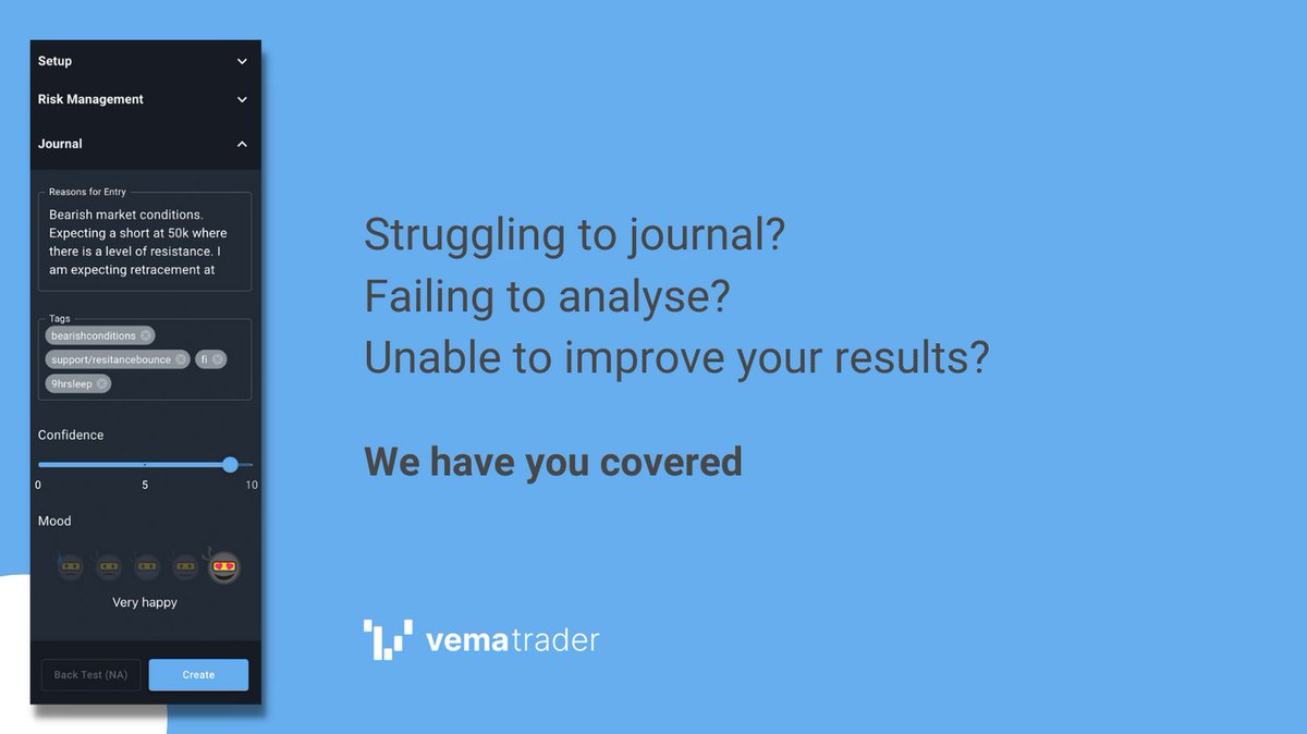 vematrader's tweet photo. Many traders find journalling tedious, failing to be consistent. 

With VEMA Trader, journalling is integrated into the trading setup and automatically takes a screenshot of the chart upon trade creation. 

VEMA Trader makes journalling quick and easy
#daytrading #tradingjournal https://t.co/nL7axlqZlY