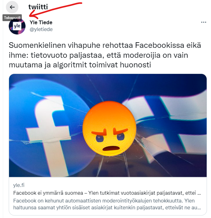 Facebook ei ymmärrä suomea, kertoo <a href="/yletiede/">Yle Tiede</a> Täällä twitterissä sentään näytetään mallia🤦‍♀️ #käännoskukkanen #takapuoli